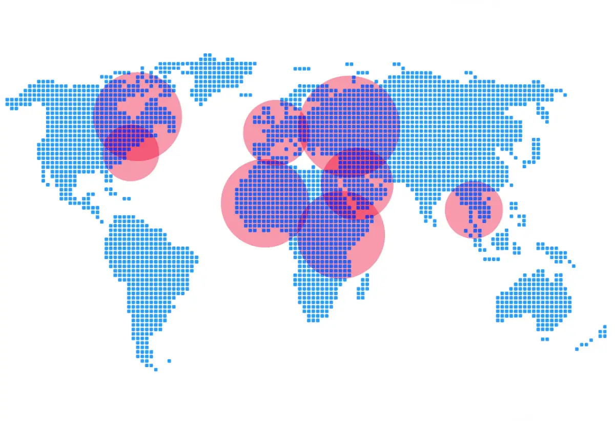 Carte du monde des zones où Néo Parfums travaille : Europe, Amériques, Afrique, Moyen-Orient et Asie